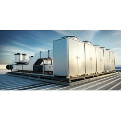 Commercial HVAC rooftop units and chillers on a building