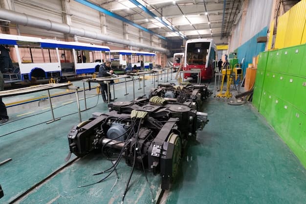 One working day of modern automatic bus manufacturing with unfinished cars automotive parts workers in protective uniform