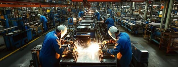 Workers engaged in metal fabrication at a busy industrial factory during evening hours