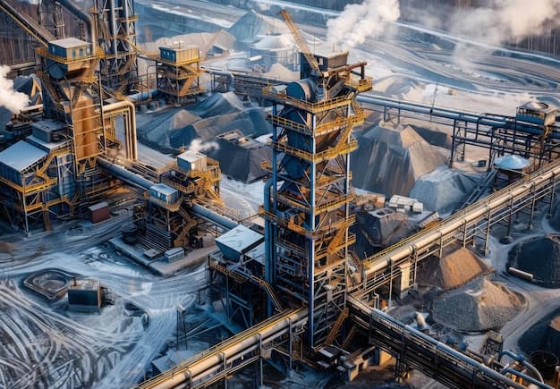 A detailed shot of a mineral processing plant with machinery pipelines and stockpiles of processed materials photo no bw ar 1028689 stylize 250 Job ID e34aa0239a534c9893b34744e38260db
