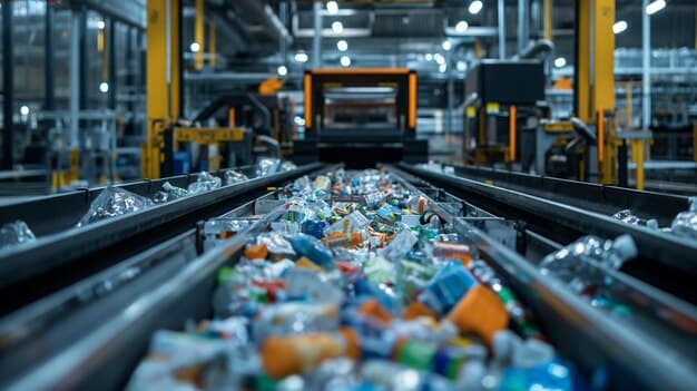 Recycling Facility Conveyor Belt with Plastic Bottles and Containers