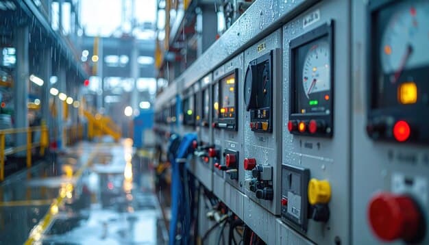 Industrial Control Panel with Water Drops in Rainy Environment