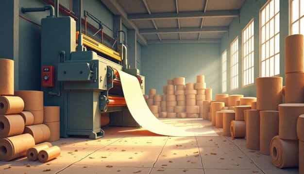 Industrial paper mill transforms wood pulp into paper rolls Large machine processes raw material
