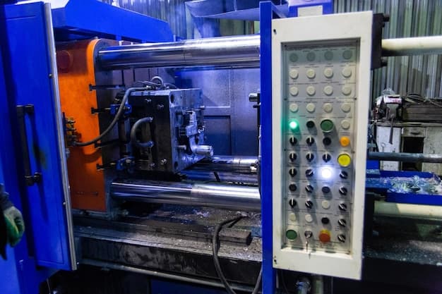 Old horizontal die cast aluminium machine opened closeup with selective focus