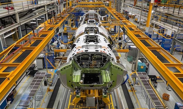 a green and white plane is being worked on in a factory