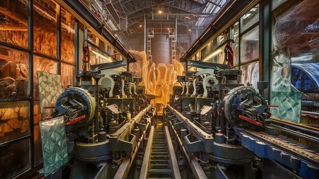 Factory workshop interior and machines on glass production background