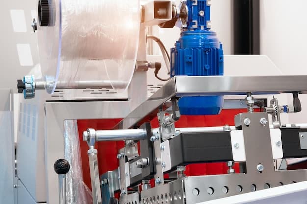 The operation of automatic plastic bag production machine with lighting effect. Close-up of the roller of the plastic bag production machine in the light blue scene. product packaging concept
