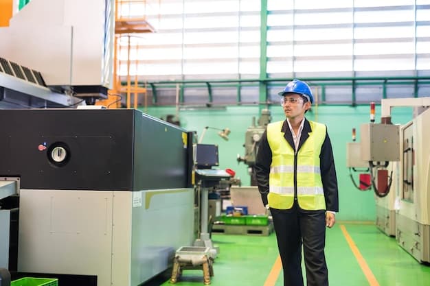 Inspector manager walk to aufit factory warehouse