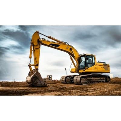 Hydraulic excavators and earthmoving equipment on a construction site