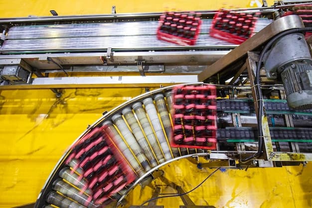 Beverage factory interior Conveyor flowing with bottles