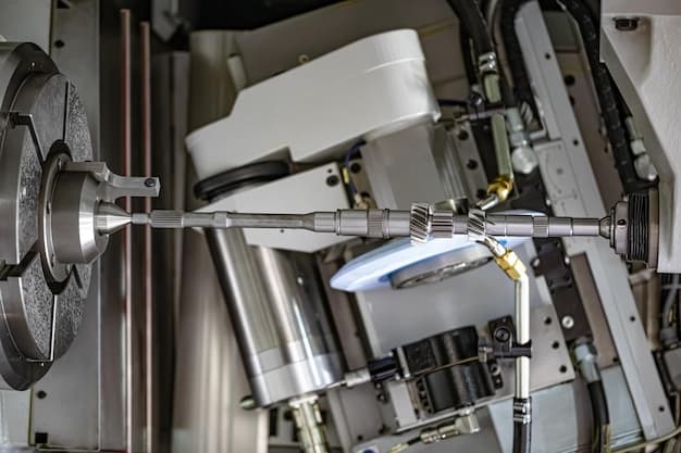 Metalworking CNC lathe milling machine. Cutting metal modern processing technology. Milling is the process of machining using rotary cutters to remove material by advancing a cutter into a workpiece.