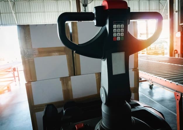 Electric Forklift Pallet Jack with Packaging Boxes Stacked on Pallet Distribution SuppliesWarehouse